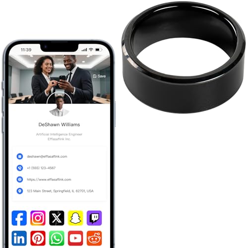 Customized Online Profile, Digital Business Card, Wide Face Black NFC Ring, Tap to Share Social Information, for iPhone & Android (US#10)