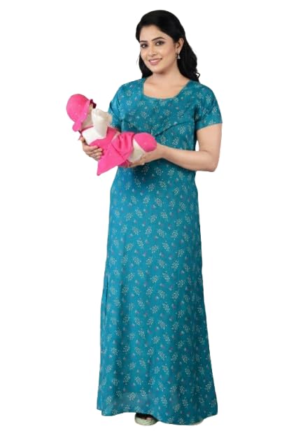 Women Printed Nightwear Nighty Maxi,Comfortable Pregnancy & Breastfeeding Maxi Dress | Nightdress Sleepwear | Jaipuri Nighty | Nighties Light Blue-image-42