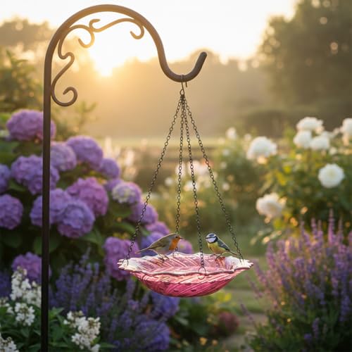 Image of HONGLAND Bird Baths for Outdoors, 11 inch Pink Glass Birdbaths Outdoor Birdfeeder with Metal Stake