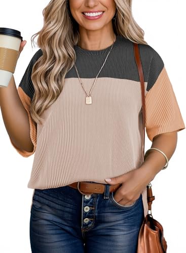 Eytino Womens Plus Size Tunic Tops Crewneck Short Sleeve Color Block Pullover Shirts (1X-5X)