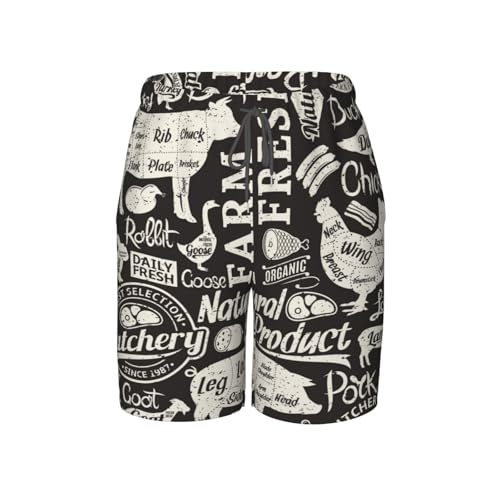 Boys Swim Trunks Farm Animal Silhouette Butchery Retro Kids Swim Shorts Quick Dry Beach Board Pocket