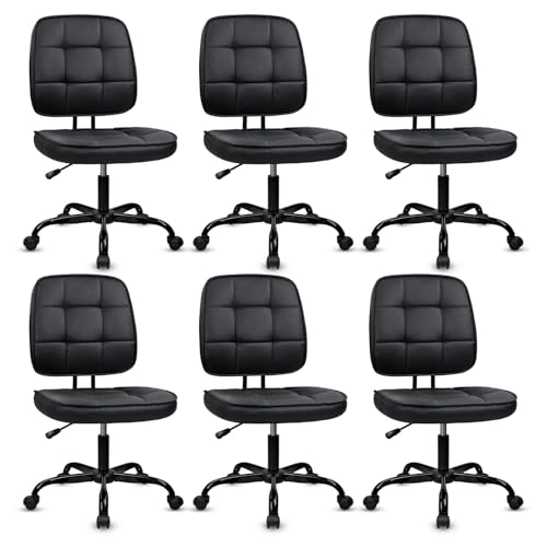 Image of CLATINA Armless Home Office Chair with Lumbar Support and Wheels, Small PU Leather Ergonomic Low Back Desk Chairs No Arms, Adjustable Height 360 Swivel Rolling Computer Task Chair, Black, 6 Pack