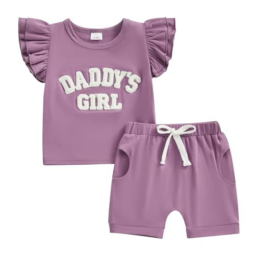 Ursobutegl Daddys Girl Toddler Baby Girls Short Set Ruffle Sleeve Letter Printed T-shirt Top Shorts 2pcs Summer Outfits (Purple-Shorts Set, 12-18 Months)