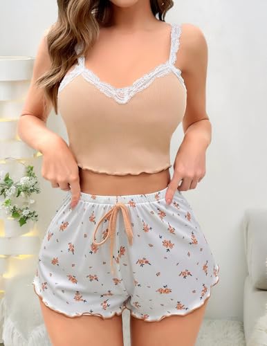 Image of Girece Sexy Pajama Set for Women 2 Piece lounge Set Floral Cami and Shorts Lingerie Set Cute Pjs Lace Trim Sleepwear