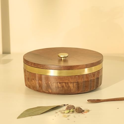 Image of Brick Brown Zari Wooden Masala Box with Lid & Gold Band | 7 Steel Containers & Wooden Spoon | Spice Box Organizer /Masala Dani | Solid Wood Round Spice Storage Case for Kitchen 8.7x8.7 x3.5 Inch