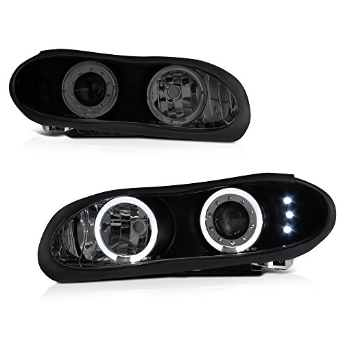 [For 1998-2002 Chevy Camaro] LED Halo Ring Black Smoke Projector Headlight Headlamp Assembly, Driver & Passenger Side