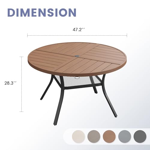 Image of VICLLAX 47.2 inch Round Outdoor Table, Patio Dining Table for 6 with Umbrella Hole for Garden Lawn Deck Backyard, Walnut