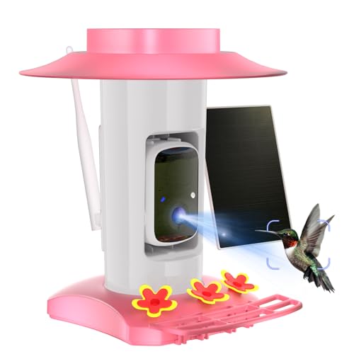Hummingbird Feeder with Camera Outdoor, SV3C Hanging Bird Feeder with Ant Moat & Bee-Proof, HD 2K Solar Powered, AI Bird Identify, Instant App Alerts, Auto Capture, Hummingbird Lover Gifts, 21oz, Pink