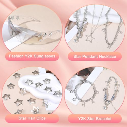 Y2k Accessories Set Included Star Y2k Silver Necklace Grunge Layered Necklace Y2K Sunglasses Star Hair Clip Y2k Silver Hair Clips Vintage Jewelry Set for Women2