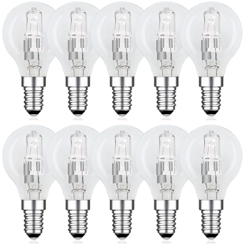 EASYIVY 10-Pack E14 Golf Ball Light Bulb 42W Dimmable, G45 SES Small Edison Screw Clear Round Halogen Bulb Warm White 2700K, E14 Classic Mini Globe Light Bulbs for Chandeliers, Ceiling Fans