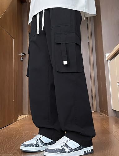SEAUR Boy's Cotton Cargo Pants Casual Drawstring Elastic Waist Sweatpants Wide Leg Workout Trousers with Pockets 7-16 Years3