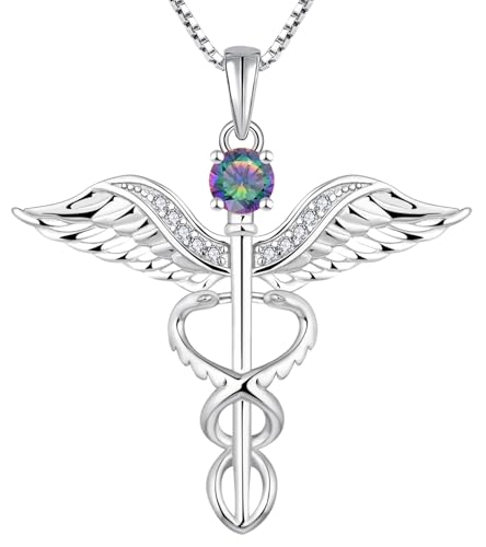 YL Caduceus Necklace Sterling Silver Doctor Nurse Themed Pendant Created Alexandrite Angel Wings Snake Jewelry for Women