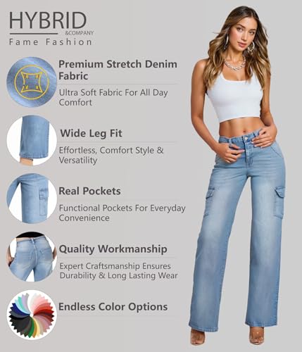 Hybrid & Company Women's Wide Leg Stretch Cargo Jeans, Casual Mid Rise Loose Denim Pants with Pockets2
