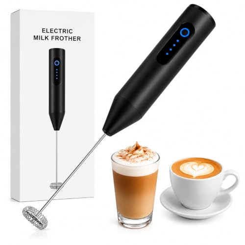 Image of Rechargeable Electric Milk Frother, Handheld USB-C Milk Foamer for Coffee, Cappuccino, Latte, Matcha & Hot Chocolate, 3 Speed Stainless Steel Whisk, Portable Drink Mixer, Black