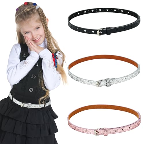 Scettar 3 Stück Dünner Glitzergürtel Für Mädchen, Verstellbarer PU Leder Kinder Skinny Gürtel, Schwarz Rosa Silber, 90 cm