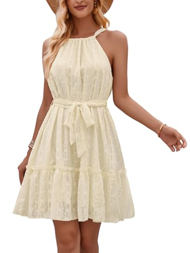 Image of Womens Summer Halter Sleeveless Mini Dress Tie Waist Casual Dresses, Goose Yellow-M