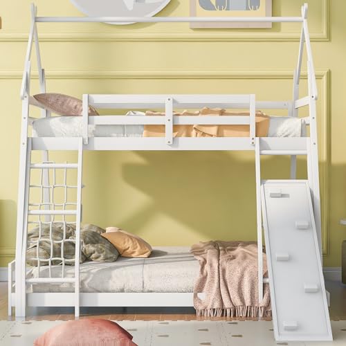 Harper & Bright Designs Twin Over Queen Bunk Bed with Climbing Nets and Climbing Ramp,Wooden Playhouse Bunk Beds for Kids,Girls & Boys,No Box Spring Needed, White