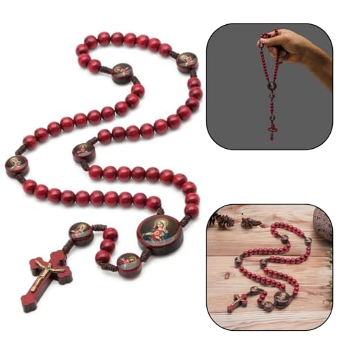 Terço Madeira Vermelho 8mm Coração Jesus/Maria Cordão Católico Re...