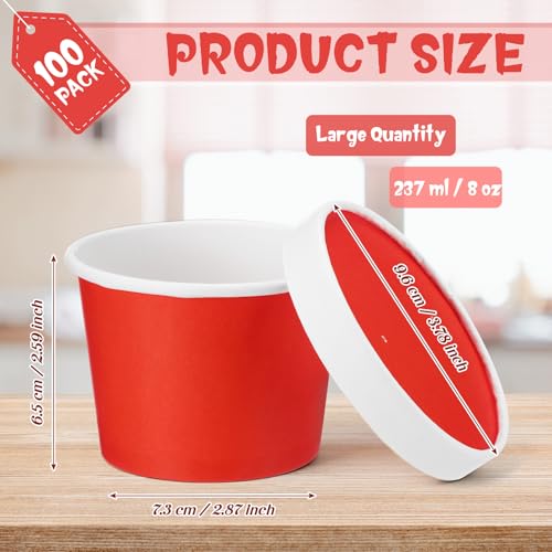 Image of Fulmoon 8 oz 100 Pack Paper Containers with Lids Soup Bowl Cup, Red | Disposable Ice Cream Cup, Kraft Food Containers with Vented Lid Stackable for Hot Soup Dessert Cake Fruit Microwave Takeout