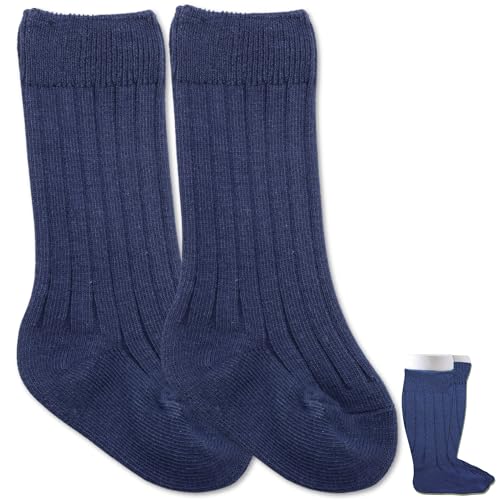 BABYZOCO Calcetines Altos de Algodón para Bebé, Calcetas Largas, Medias Largas de Algodón, Apto para 12 a 24 meses (FR/ES, Edad, 12 meses, 24 meses, Azul Oscuro)