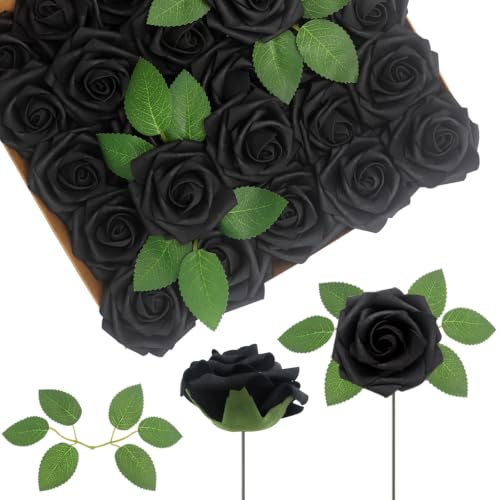 WANTMAZOR 25PCS Black Realistic Roses - Artificial Latex Foam Flowers with Bendable Stems & 8PCS Leaves for Wedding, Home and Party DIY Decor