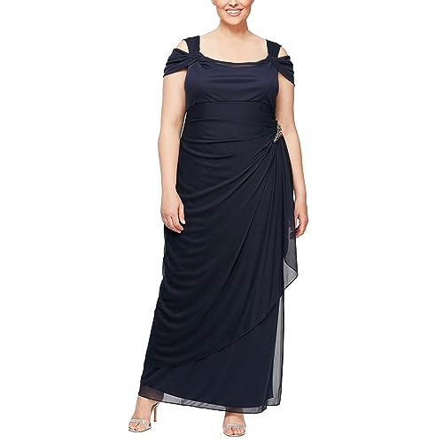 Image of Alex Evenings Women's Long Cold Shoulder Mother of the Bride Dress with Beaded Detail at Hip