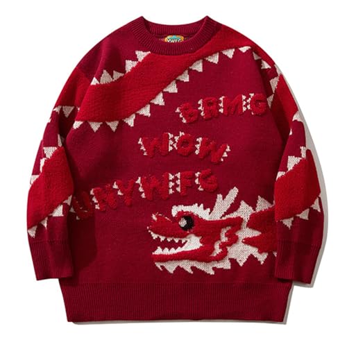 Pull tricoté rouge hommes pull motif dragon ample décontracté polyvalent
