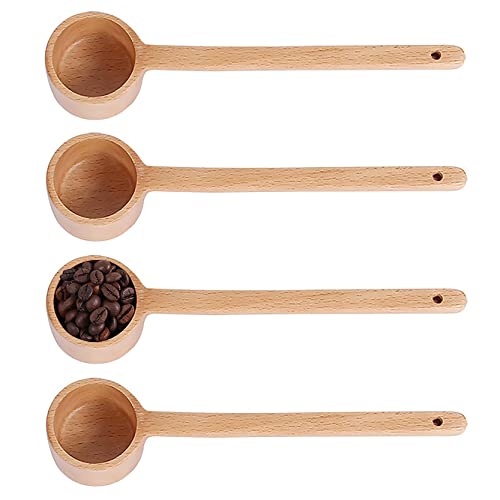UPTALY Set di 4 cucchiai dosatori in legno da 27cm (60ml/per), misurini da caffè con manico lungo, paletta in chicchi di caffè, cucchiaio in legno di faggio per barattoli profondi