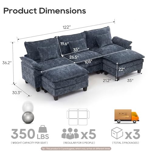 Image of URRED Oversized Modular Sectional Sofa,Blue:122 inch U Shaped