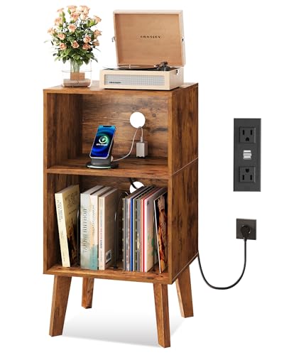 WLIVE Record Player Stand, Modern Nightstand with Storage, Small Space Bedside Table, End Table for Bedroom & Living Room, Mid Century Night Stand, Rustic Brown