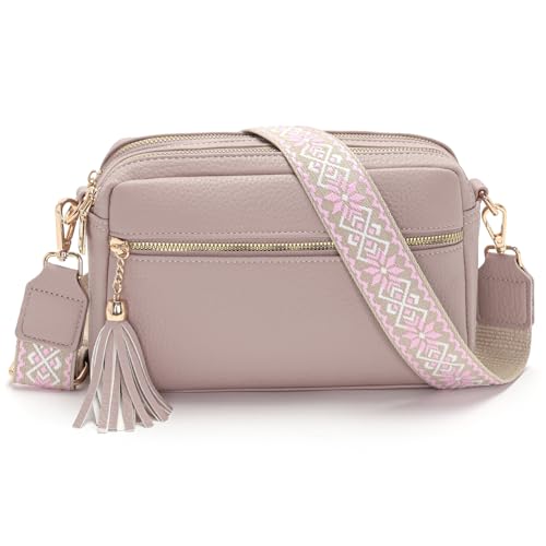 LANXINGLUO sac a main femme，sacoche femme bandoulière 4 Compartiments, en Cuir PU avec Sangle Réglable et Large Amovible，sac bandoulière rose clair