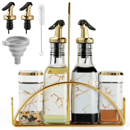 FRIBERG Botella para aceite y vinagre 200 ml*2 y recipiente para especias 120 ml*2, juego de aceite y vinagre 5 en 1, dispensador de pimienta con embudo y cepillo duro (lámina de plástico)