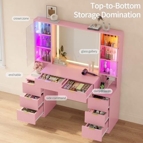 Image of Big Vanity Desk, Fluted Makeup Vanity with Mirror Lights, Pink Vanities
