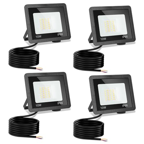 Jiubiaz LED Strahler Außen 10W, 3000K/4000K/6500K LED-Strahler Dimmbar, Superhell Fluter Flutlichtstrahler, IP66 Wasserdicht Scheinwerfer Aussenstrahler für Hof, Garten, Garage(4 Stück)