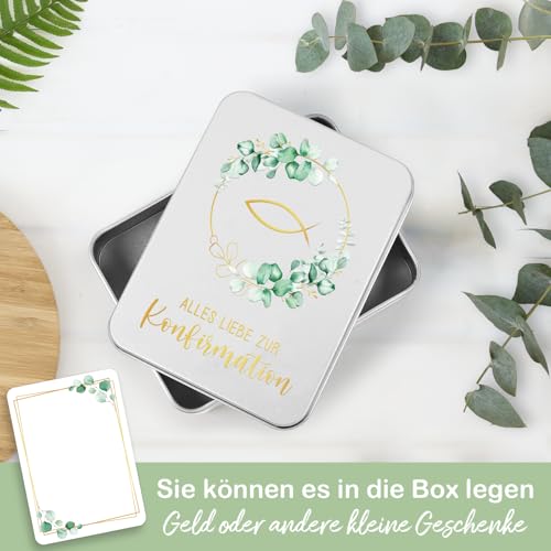 COMOOKA Alles Liebe zur Konfirmation Geldgeschenk, Kleine Metalldose mit Deckel 115x85x22mm Erinnerungsbox Erstkommunion Geschenk mit Eukalyptus und Fisch Geldgeschenke Verpackung