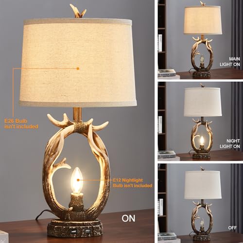 Bowobo Rustic Antler Table Lamps For Bedroom Farmhouse Deer Bedside Lamps With Linen Lampshade For Living Room End Table Hunting Themed Cabin Lamp thumb #1