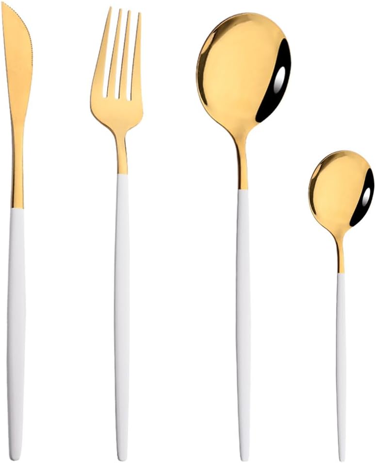 Silverware Flatware Set, 4/16/24/32/40/48 Pieces Stainless Steel Tableware Portuguese Steak Knife And Fork Hotel Home Golden Table Knife And Fork Combination(Blue Silver,6Set-24Pcs)