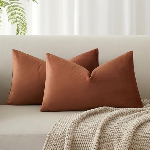 Image of JUSPURBET 12x20 Velvet Lumbar Throw Pillow Covers Set of 2,Mocha Mousse | Modern Soft Decorative Cushion Covers with Hidden Zipper for Couch Sofa Bed Living Room Bedroom Home Decor