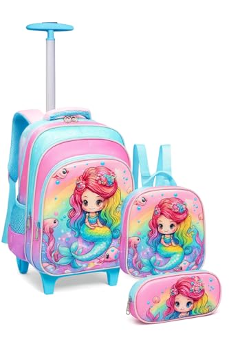 Kit Mochila Escolar Infantil com Rodinhas 3 em 1 para Menina – Mochila + Lancheira + Estojo – Mochila de Rodinha Feminina Infantil - Sereia, Unicórnio e Fada (Sereia)