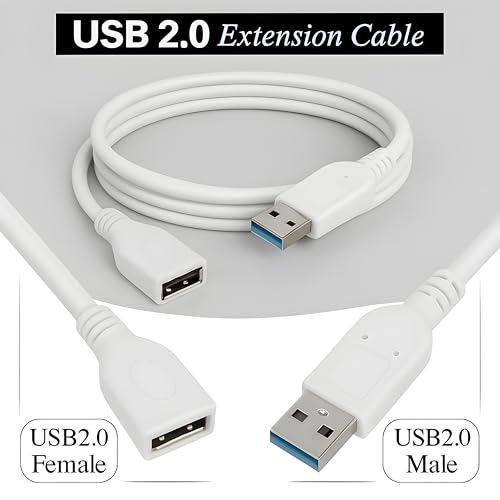 Image of 1.5M(4.92FT) USB 2.0 Male to Female Extension Cable, USB A Male to A Female Cable Cord Wire, PenDrive Extender for Tv, Pc, Hard Drive, Mouse Keyboard, Webcam, Scanner (White Pack 2)
