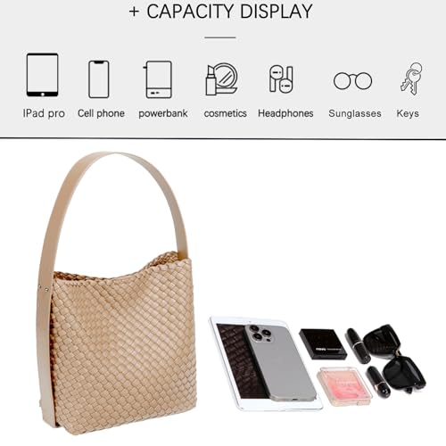 Image of Fashion Woven Tote Bag for Women, Female Hobo Bag, Beach Handbag Purse, Travel Shoulder Bag with Adjustable Strap (Apricot)