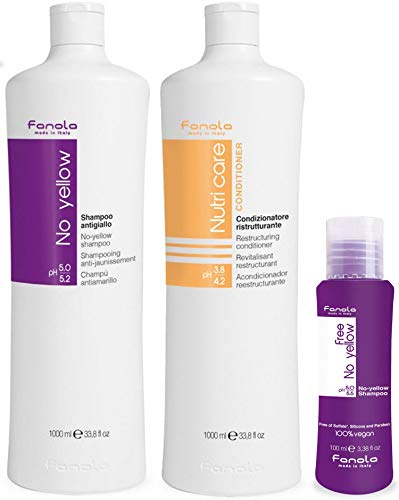 Fanola No Yellow Shampoo & Nutri Care Conditioner, 1000 ml with No Yellow Vegan Travel Sizs