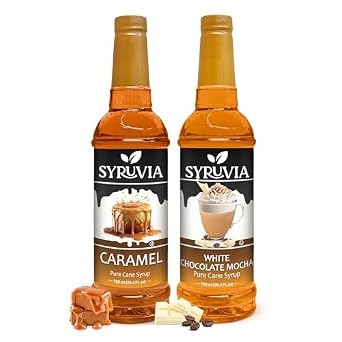 Syruvia Caramel & White Chocolate Mocha Coffee Syrup - 25.4 fl oz Premium Coffee Flavoring Syrup. Kosher and Gluten-Free. Perfect for Drinks, Sodas, Shakes, Desserts, More.