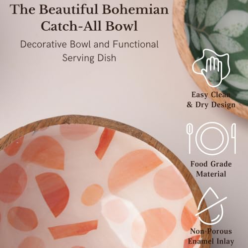 Image of Mango Wood Snack Bowls - Set of 1, Boho Decorative Bowl with Food Safe Designer Inlay. 4 inch Wooden Bowl for Salad, Fruit, Nuts, Cereals, Handmade Bowls for Kitchen (Olive Green)
