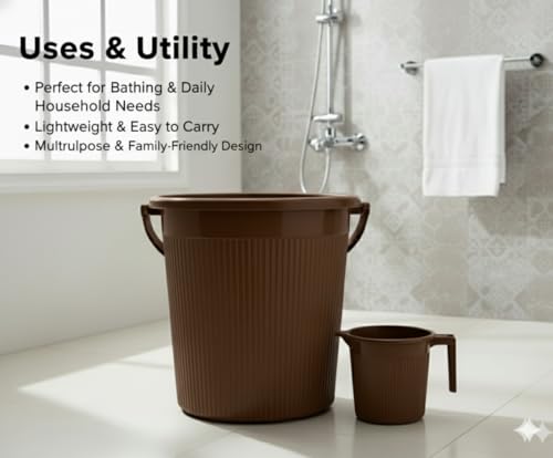 Image of MODWARE Plastic Bucket Set with Mug, 20L Bucket with 1L Mug, Polypropylene, Round Shape, (Brown, 20 L)