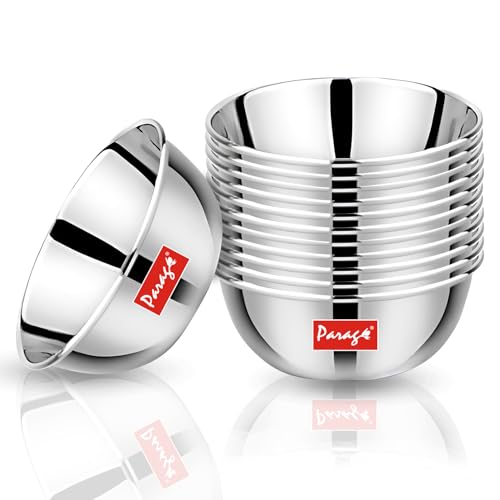 Parage 12 Pieces Stainless Steel Bowl Set (220ml Each) | Heavy Gauge Katori/Wati with Mirror Finish | Durable, Food Grade Steel Bowls for Serving, Dining & Kitchen Use | 10.2 cm Dia | Silver