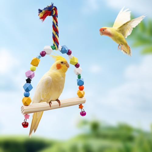 Image of Oooct 2 Pack Bird Swing, Hanging Colorful Wooden Parrot Perch Stand Toy, Bird Cage Accessories, Suitable for Small to Medium Birds Parrots Parakeets Cockatiels Conure Budgies Love Birds