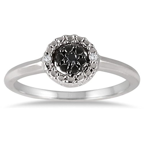 Sterling Silver Wedding Rings with Black and White Diamonds - Princess Halo Bridal Ring for Women