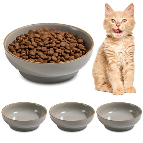 Cat Bowl Set of 3, Non Slip Dish Pet Cat Food Bowls, Shallow Water Bowl Cat Feeding Wide Bowls to Stress Relief of Whisker Fatigue, Pet Bowl for Dogs Rabbits Puppy Birds(Safe Food-Grade Ceramic) Gray