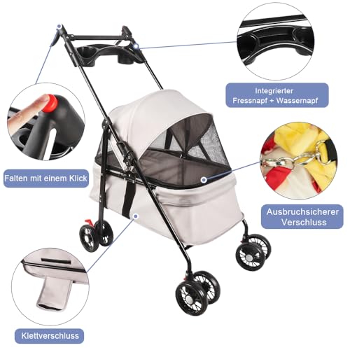 Homewell Klappbarer Haustierwagen mit Getränkehalter, Hundewagen & Katzenwagen, Leicht & Bequem mit Sicherheitsgurt, Atmungsaktiv, Stauraum, bis 20kg (Weiß)
